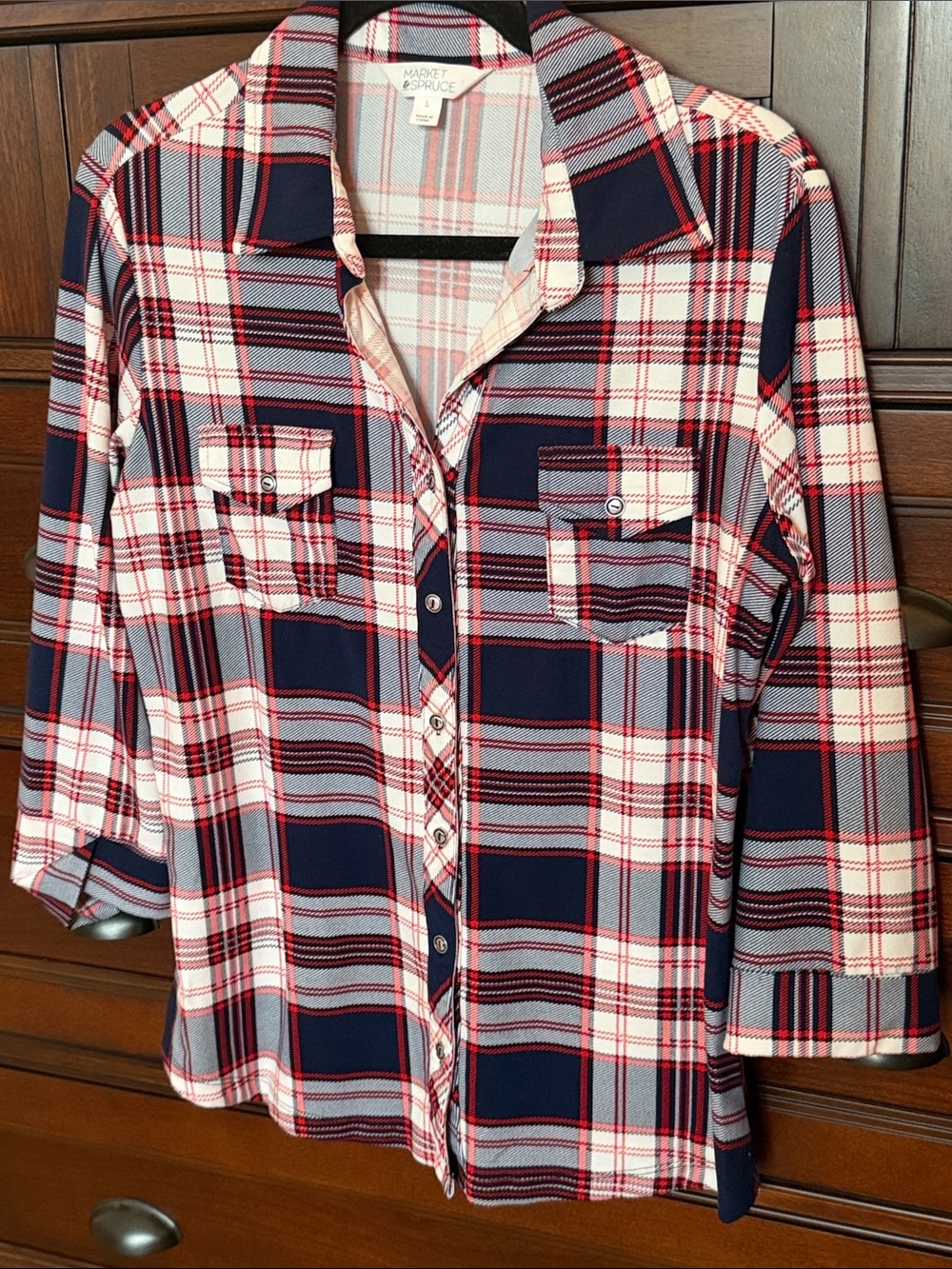 Market & Spruce Navy, Red & White Plaid Shirt Jacket